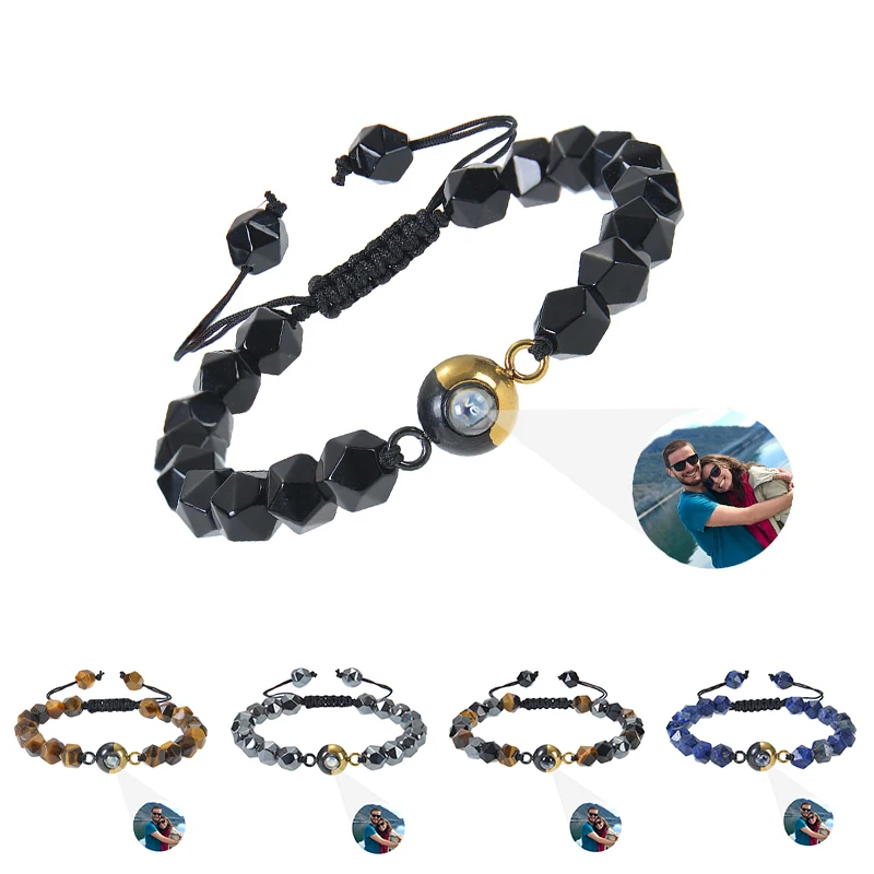 Personalized Photo Projection Bracelet Handmade Custom Two-tone Round Bracelets Irregular Natural Stone Bracelet Men Jewelry men s 2pcs natural lava rock stone beads strand bracelets