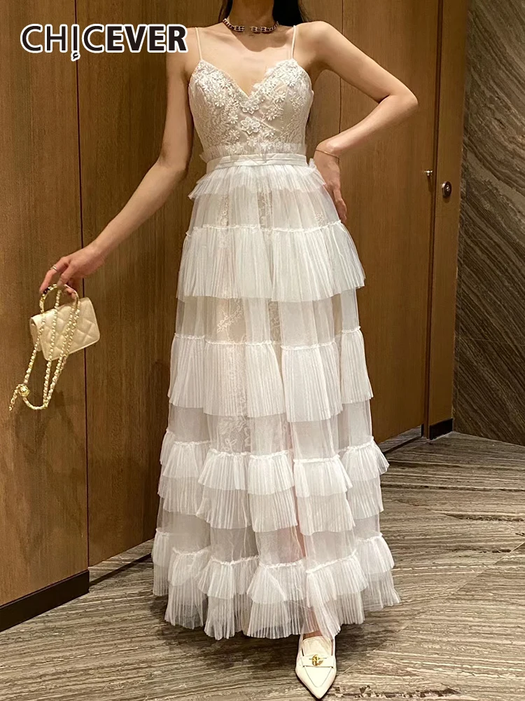 

CHICEVER Embroidery Mesh Party Dresses For Women V Neck Sleeveless Off Shoulder High Waist Slim Solid Formal Dress Female Summer