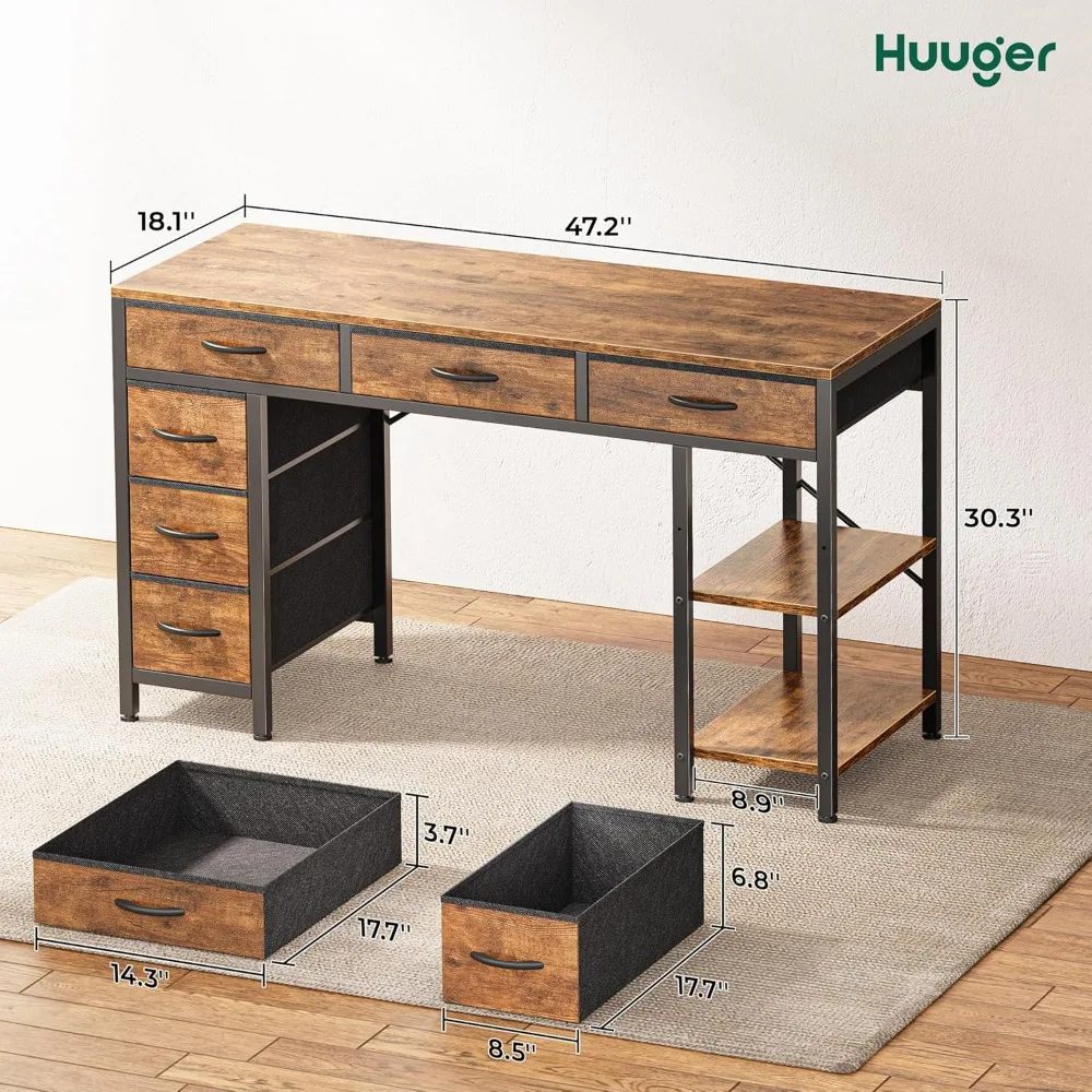 Computer Desk with 6 Drawers, 47 Inch Office Desk with Shelves, Computers Desks 3