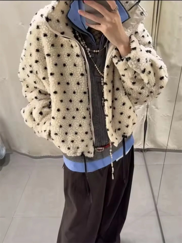 Women Polka dot Fleece Warm Jacket 2025 Autumn Winter Women's Coat Long Sleeve Loose Female Streetwear Casual New Outerwear