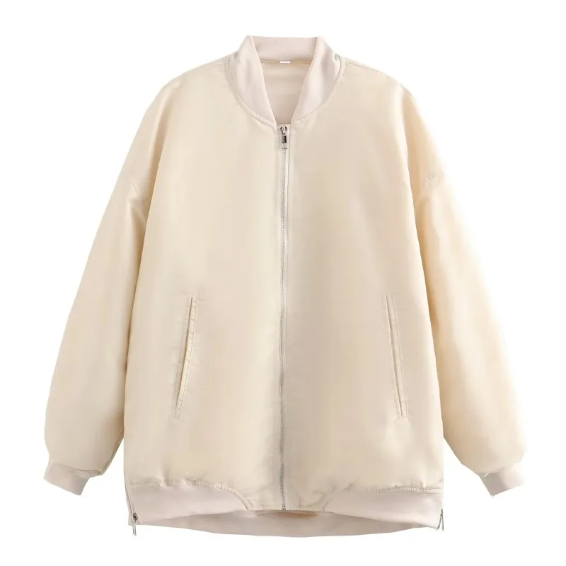 Autumn and Winter Women's Round Neck Patchwork Pockets Zipper Loose Cardigan Fashion Casual Elegant Commuter Long Sleeve Coat