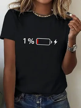 Shirt 1% Battery Print Graphic Casual T-Shirt Short Sleeve T Shirt Women's T-Shirt Clothing Top Tee Girls 1