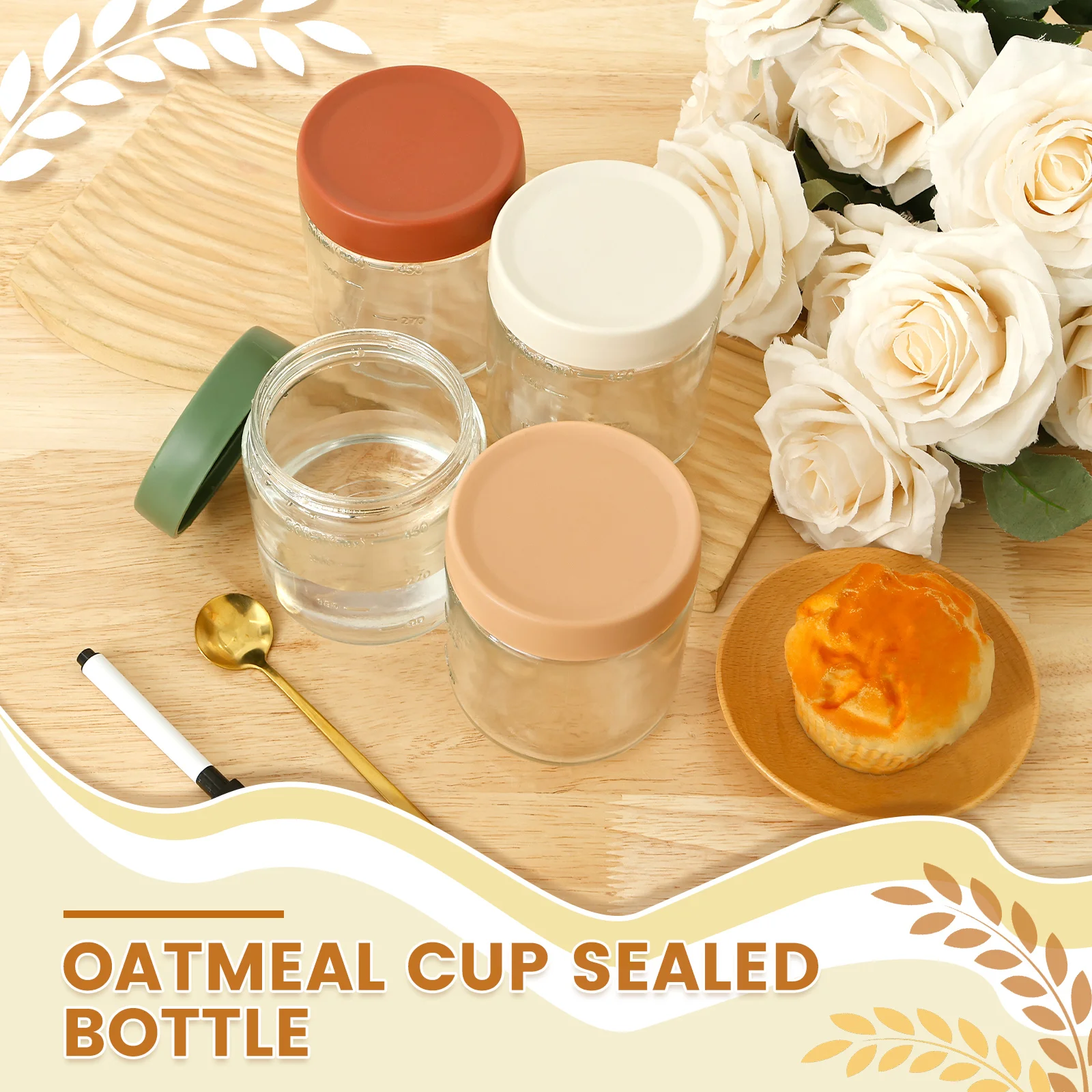 4Pcs Overnight Oats Container 500ml Milk Fruit Salad Food Storage Glass Jars Portable Cereal Breakfast Cups for Yogurt Pudding 3