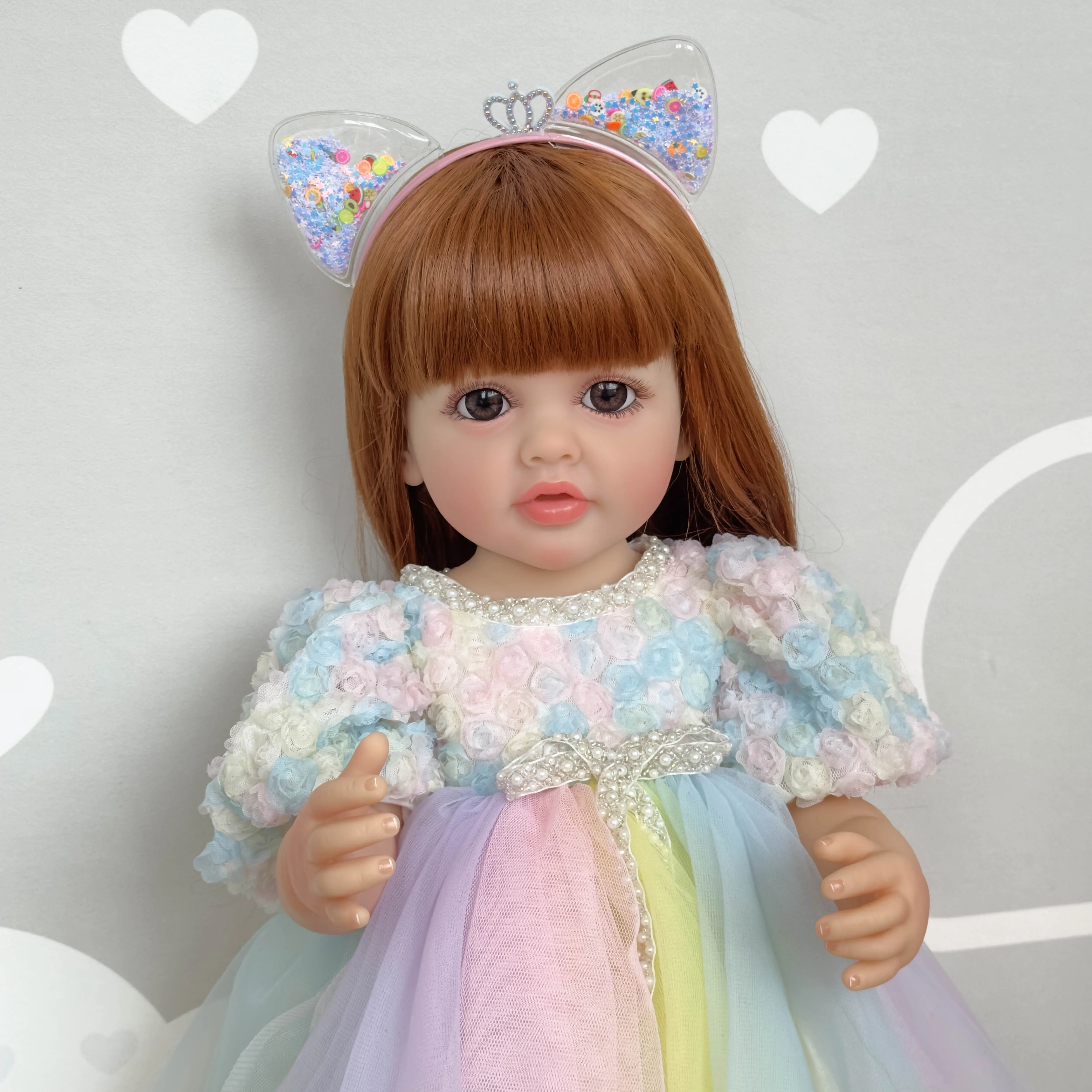 NPK 22inch Newborn Soft Silicone Vinyl Reborn Toddler Girl Doll Princess Betty with Long Brwon wig Hair 2