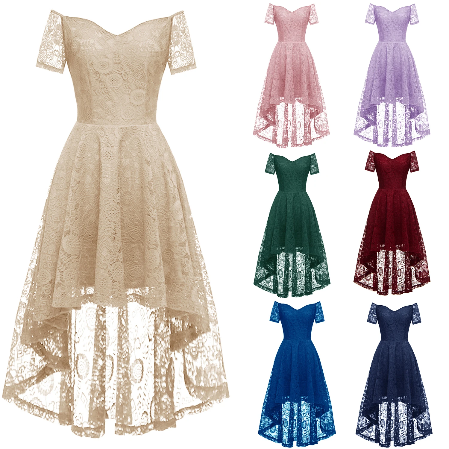 

Womens Off Shoulder Short Sleeve High Low Cocktail A-line Dress Floral Lace Bridesmaid Party Dresses