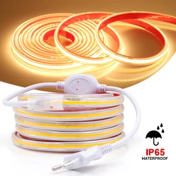 220V COB LED Strip Light with Adhesive EU UK Power Plug 288Leds/m RA 90 High Density IP65 Waterproof Flexible Led Ribbon Tape
