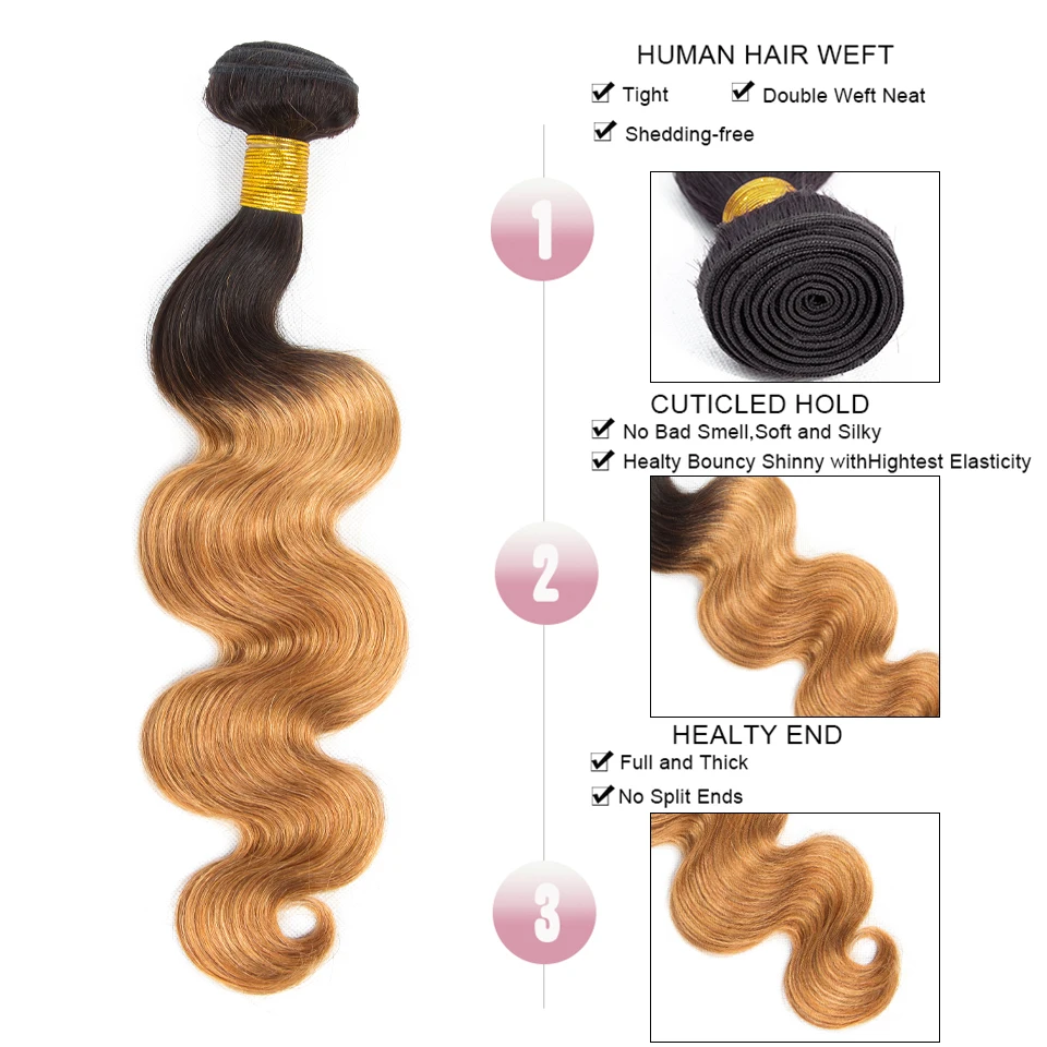 HairUGo T1B/27 Omber Blonde Body Wave Bundles Brazilian Human Hair Weaving Remy Hair Bundles