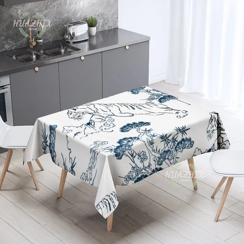 

Tablecloth Chinese Style Table Cover Animal Plant Scene Dining Room Anti-stain Trendy Waterproof Kitchen Rectangular Home Decor