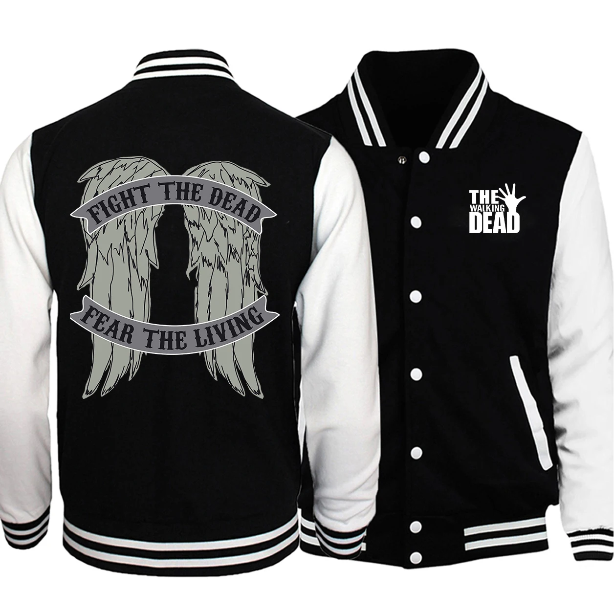 thumbnail image 1 of Chaquetas para hombre con estampado de alas de The Walking Dead, chaquetas de bombardero holgadas de moda de hip hop, uniformes de béisbol de otoño con personalidad para hombre, 1 of 4