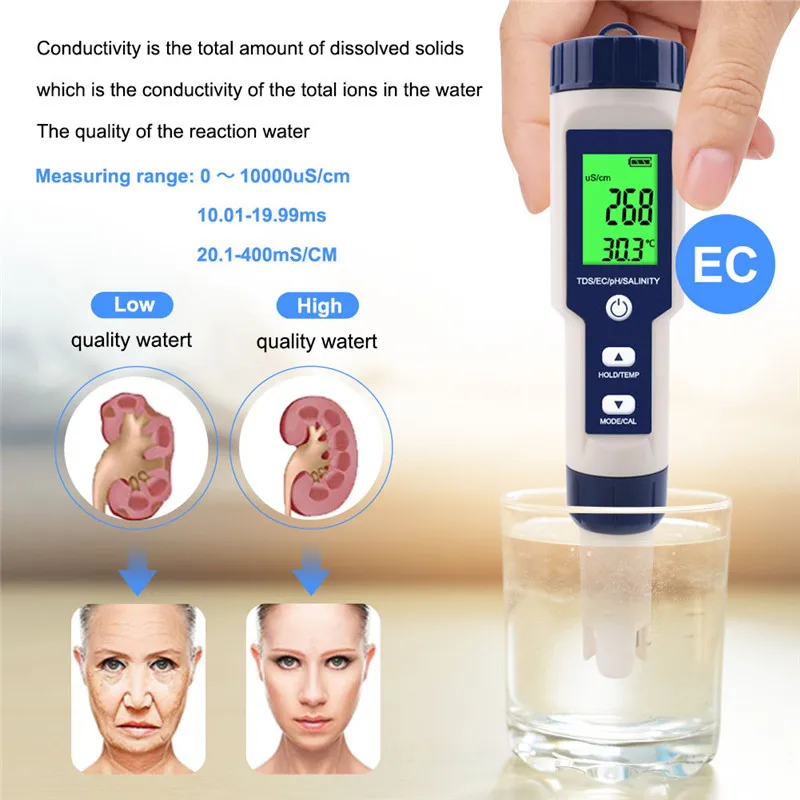 Yieryi 5 in 1 TDS EC PH Salinity Temperature Meter Digital Water Quality Monitor Tester for Spa Pools Aquariums 4