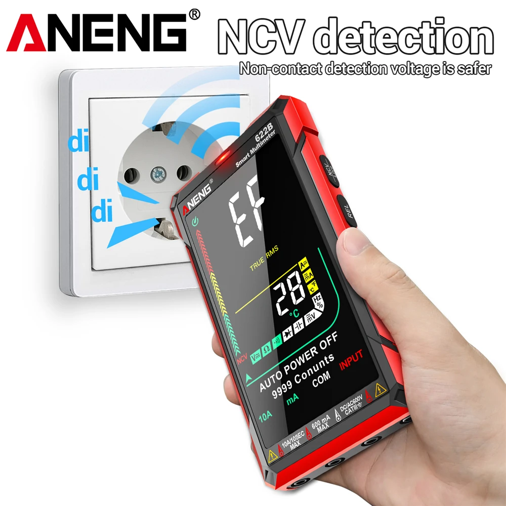 적외선 레이저 멀티미터 ANENG 622B 스마트 전문가용 VA 컬러 스크린 NCV 감지 AC/DC 전압 전류 9999 카운트 툴