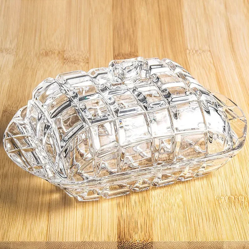 Light Luxury Clear Glass Butter Dish with Lid Creative Kitchen Grid Relief Boxes Western Food Cheese Dessert Butter Storage Box