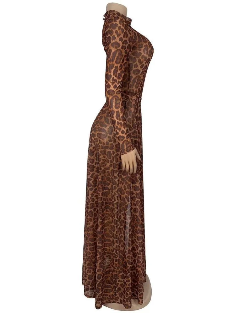 Wmstar Dress Wholesale Fashionable Wear Sexy Leopard Print Long Sleeved See Through High Slit Dresses with A Wide Hem 2025