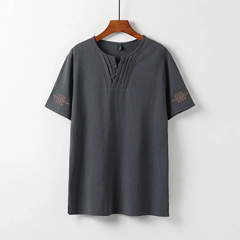 9XL Big Size T-shirt Men Summer Half Sleeve Linen Tshirt Casual Linen Tees Tops Male V-neck Embroidery T Shirt Plus Size 9XL