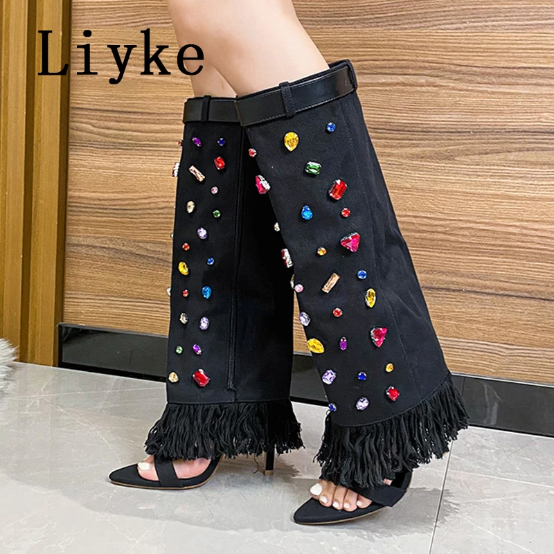

Liyke Spring Autumn Sexy Pointed Open Toe Stripper Boots Knee High Sandals Crystal Gem Women Zip Stiletto Heels Shoes Size 35-42