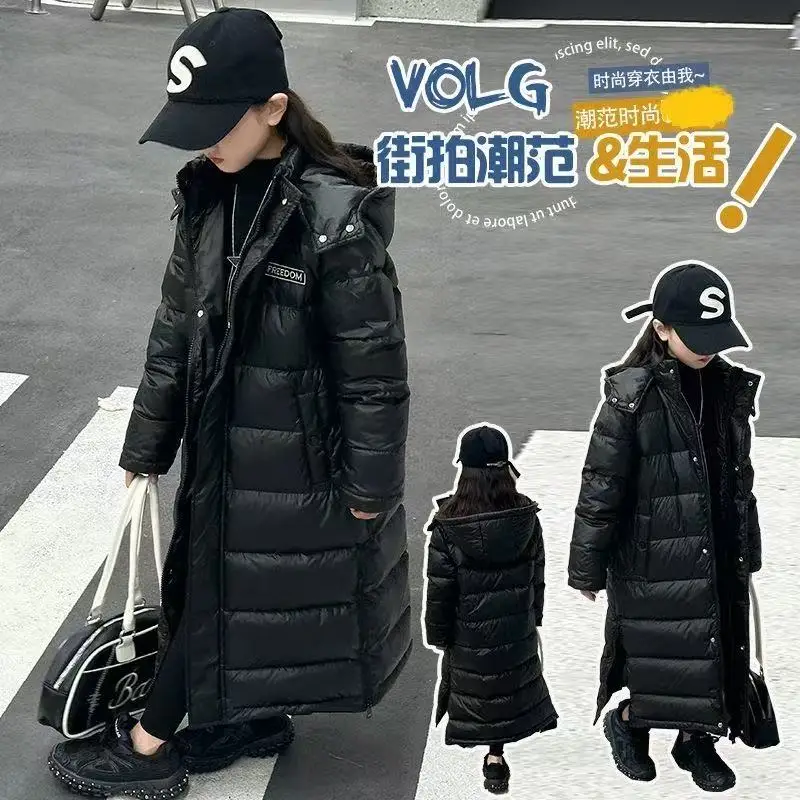 어린이용 다운 재킷 겨울 2025 신상 남녀 공용 서양식 두꺼운 롱 오버 니 겨울 학생용 블랙 코트 100-170cm
