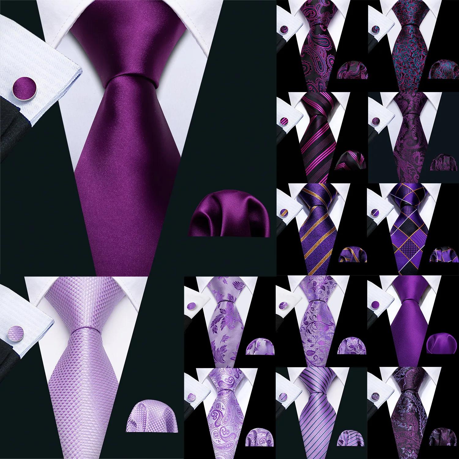 Barry.Wang Herren-Krawatte, Taschentuch und Manschettenknöpfe im Set, Jacquard-Krawatte mit Blumenmuster für Herren, Hochzeit, Business-Party, Lila, Flieder, Lavendel