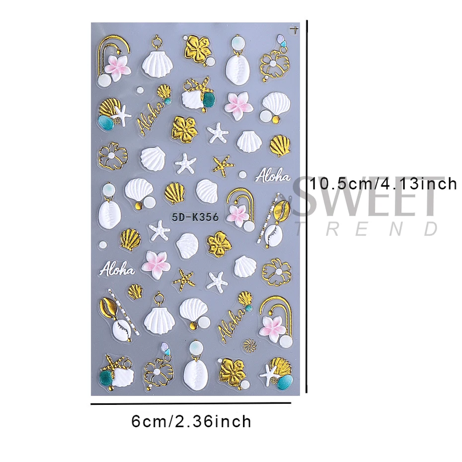 5D Summer Beach Ocean Shells Starfish Nail Stickers Conch Stars Embossed Nail Art Supplies Decals Manicure Charm Decoration DIY