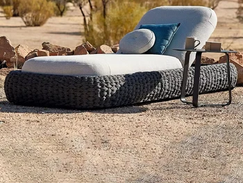 Lettino Prendisole di Lusso con Telaio in Alluminio e Corda Intrecciata per Esterni, Spiaggia e Piscina