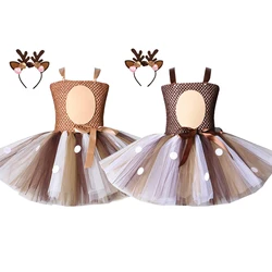 Deer Costume for Girls Halloween Christmas Tutu Dress Reindeer Elk Cosplay Fancy Dress Up Kids Girl Birthday Party Clothes 1-12Y