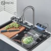 Kitchen Sink with Faucet Digital Display 304 Stainless Steel Large Single Slot Integrated Multifunction Waterfall Rain Sink Set 1
