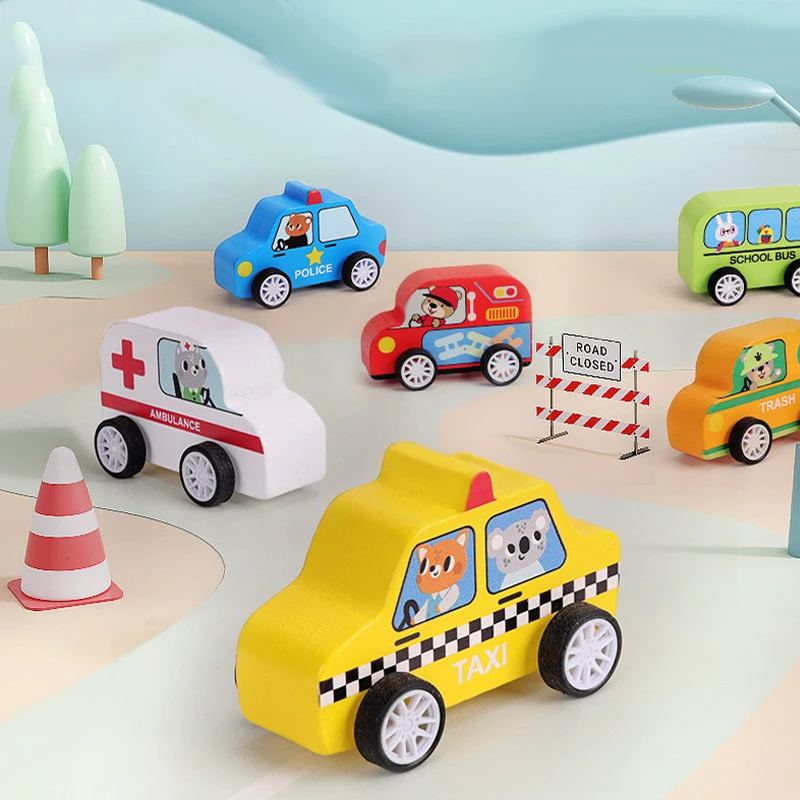

Wooden Car PlaySet-6-Piece Mini Toy Vehicle Set with Cars, Police and Fire Trucks, Train-Pretend Play Fun for Preschool
