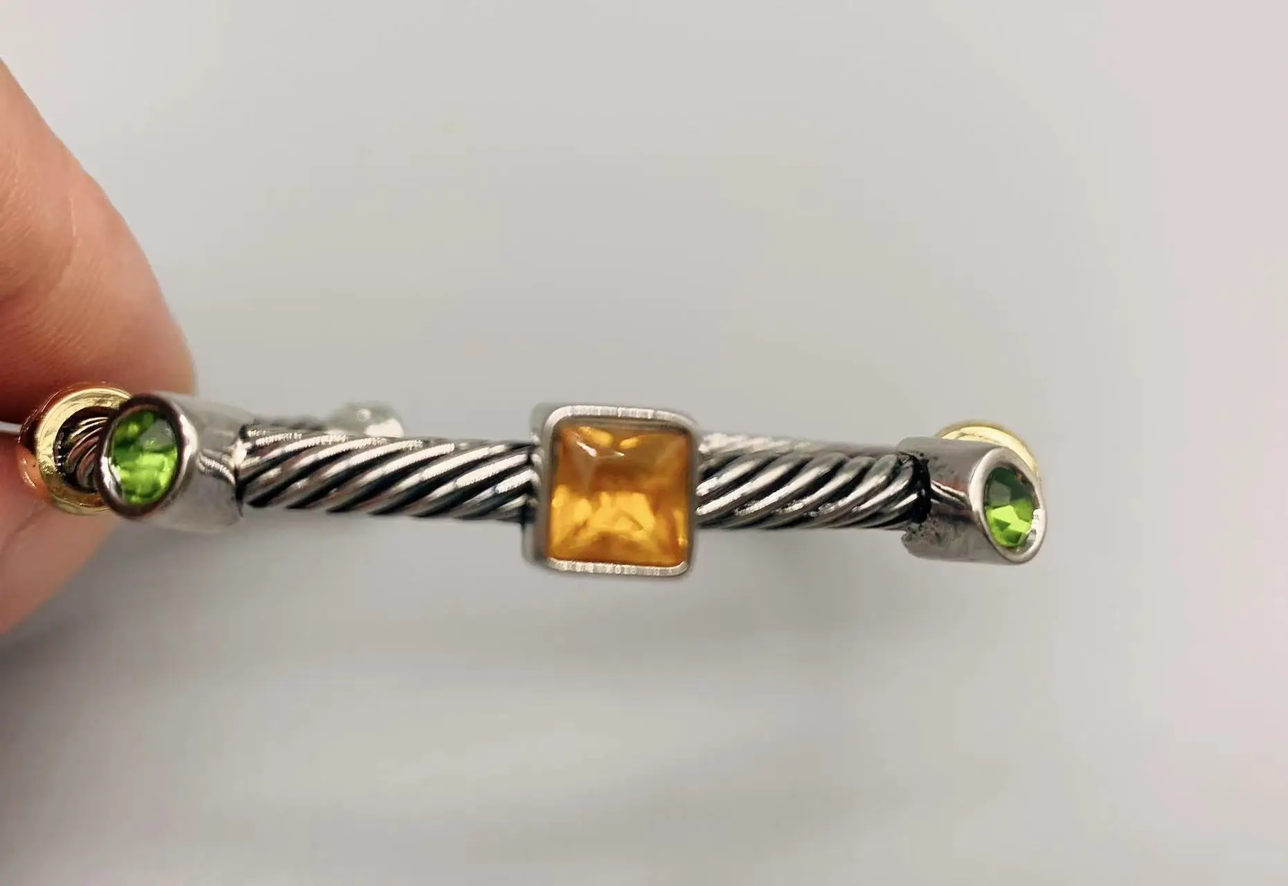 Le Han Jewelry Silver Cable Yellow  And Green  Stone With 18k Gold Plated Cuff Bracelet 4Mm