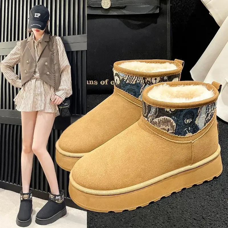 

Женские зимние ботинки, новинка 2023, короткая теплая хлопковая обувь на толстом меху с флисовой подкладкой