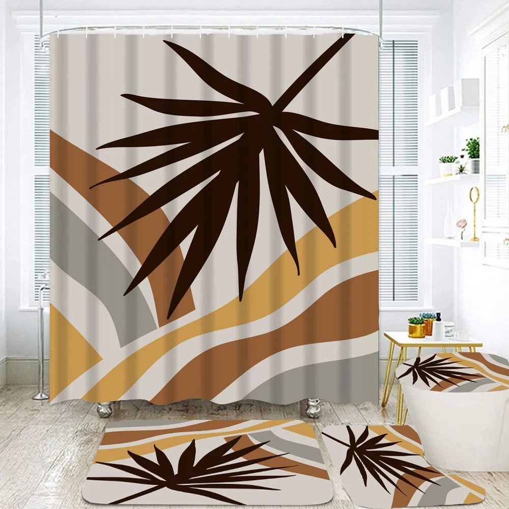 

3D Nordic style Plant Leaves Printed Shower Curtain Set With Hooks Plants Bath Mat Bathroom Toilet Lid Cover Home Kitchen Decor