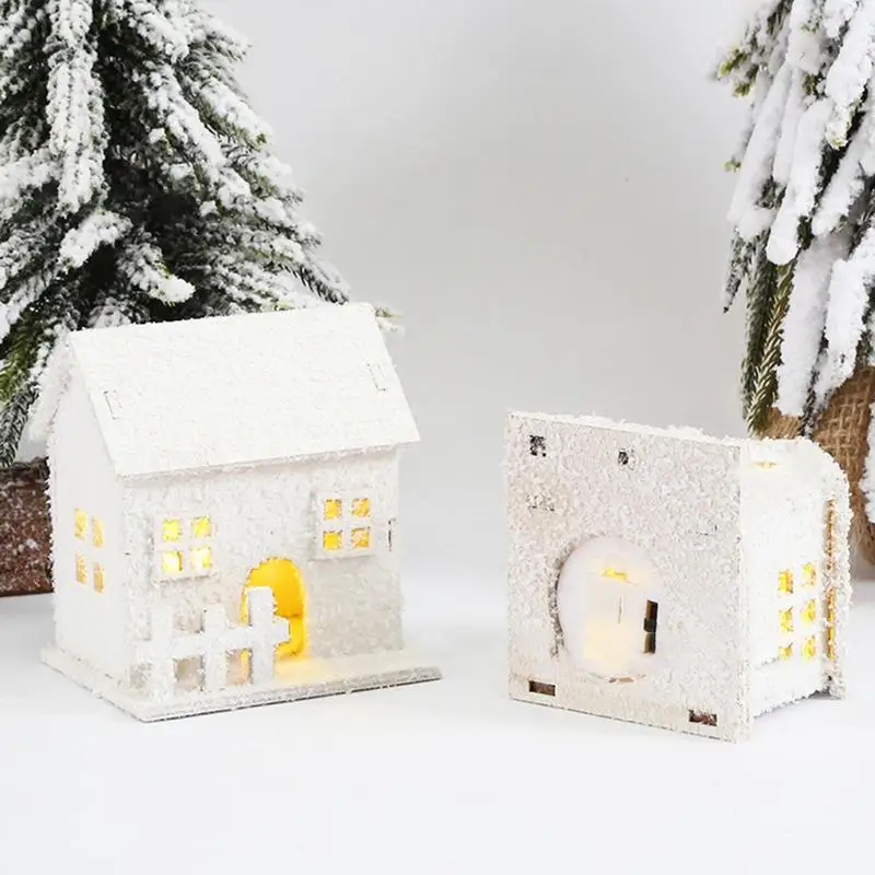 Christmas LED Light Wooden House White Snow Luminous Cabin Christmas Tree Hanging Ornament Glowing Castle Gift New Year