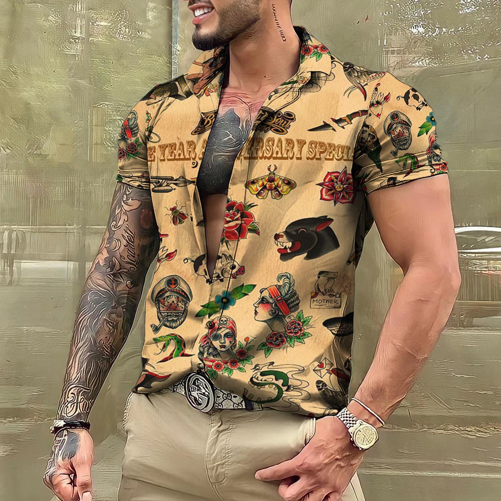 Summer Tattoo Shirt Hawaiian Shirts For Men Brand Short Sleeve Tops Tees Casual Men's Blouse Fashion Camisas De Hombre Clothing 3