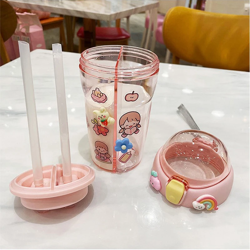 430ml süße Kinder Doppel Trinkwasserflasche Stroh tragbare Flasche Student Paar Plastikbecher Geschenk Schulkinder