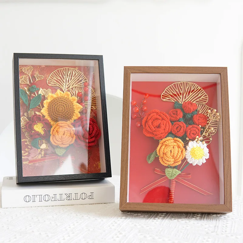 creative-hand-crochet-wool-simulation-sunflower-rose-picture-frame-eternal-bouquet-wedding-festival-gift