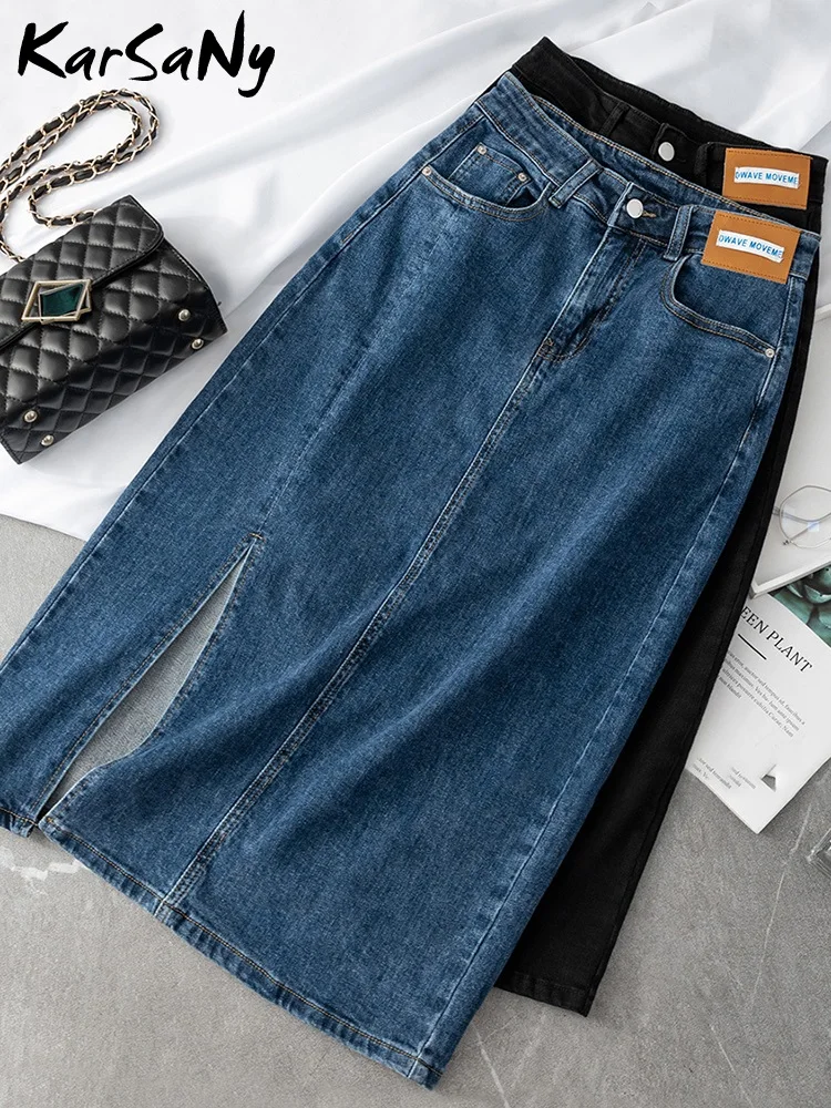 탄성 높은 허리 데님 스커트 블랙 미디 여성 2022 여름 스커트 여성을위한 슬릿 블루 캐주얼 청바지 스커트 여성 여름 
