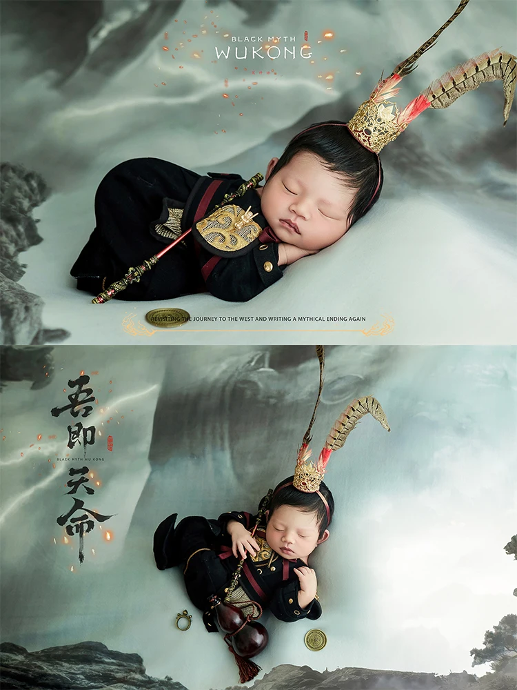 0-1 개월 사진 의류 Wukong 코스프레 의상 스튜디오 Goku 게임 테마 사진 복장 모자를 쓰고 있죠 장식 소품