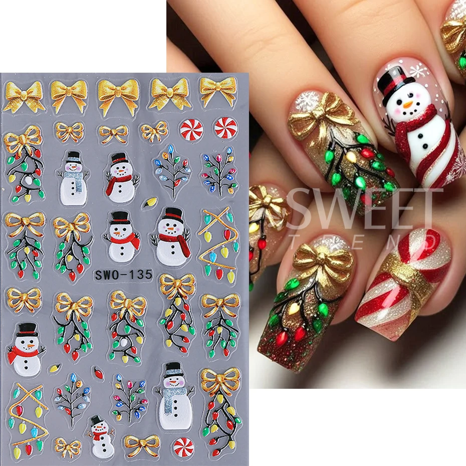 2/3pcs Embossed Christmas Nail Stickers Cute Snowman Snowflakes Bow Gingerbread Christmas lights Nail Decor Decals Nail Supplies