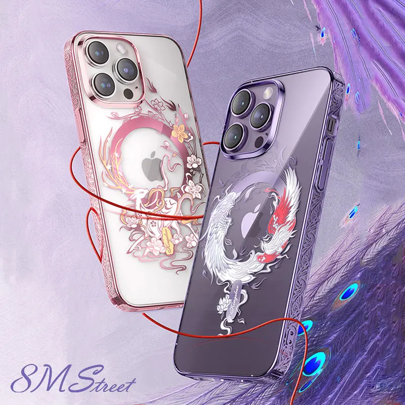 

Magnetic Dragon Phoenix Case For iphone 14 Pro Max 14Plus Electroplating Frame Transparent PC Cover For Magsafe Wireless Charger