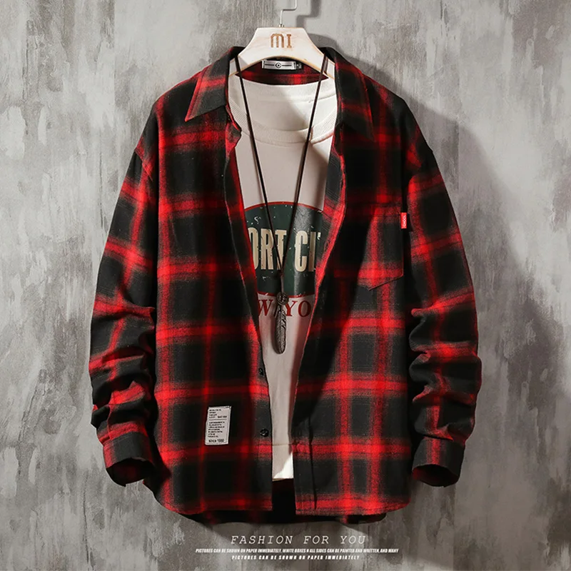 Men Casual Long Sleeve Plaid Shirt Harajuku Checkered Shirt M-5XL
