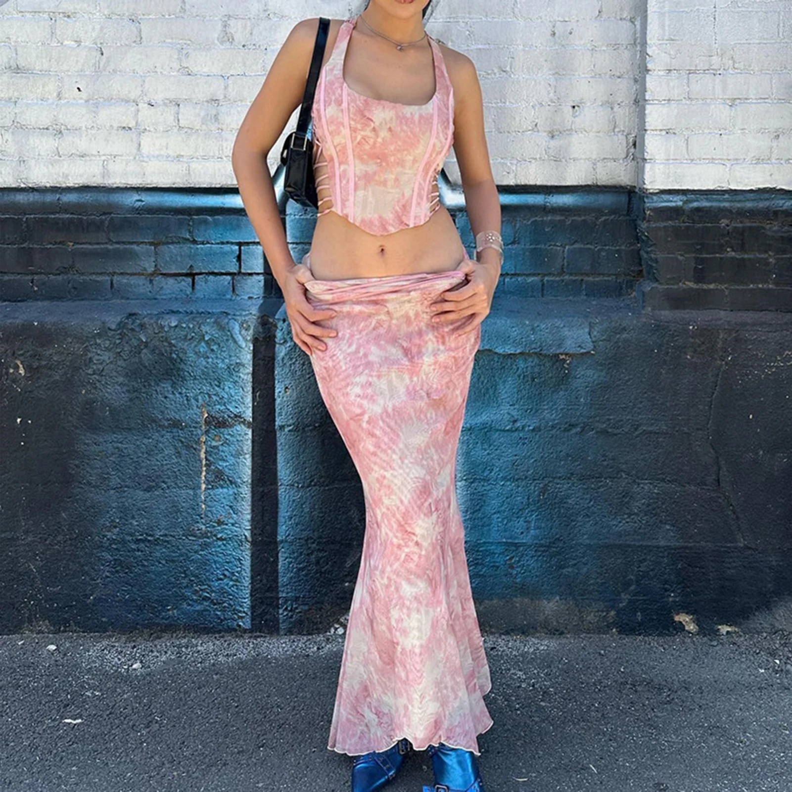 

Women Retro Print Top Skirt Set Hotsweet Back Criss Cross Tops & Skirt Y2K Slim Fit Fashion Sexy Streetwear Suit