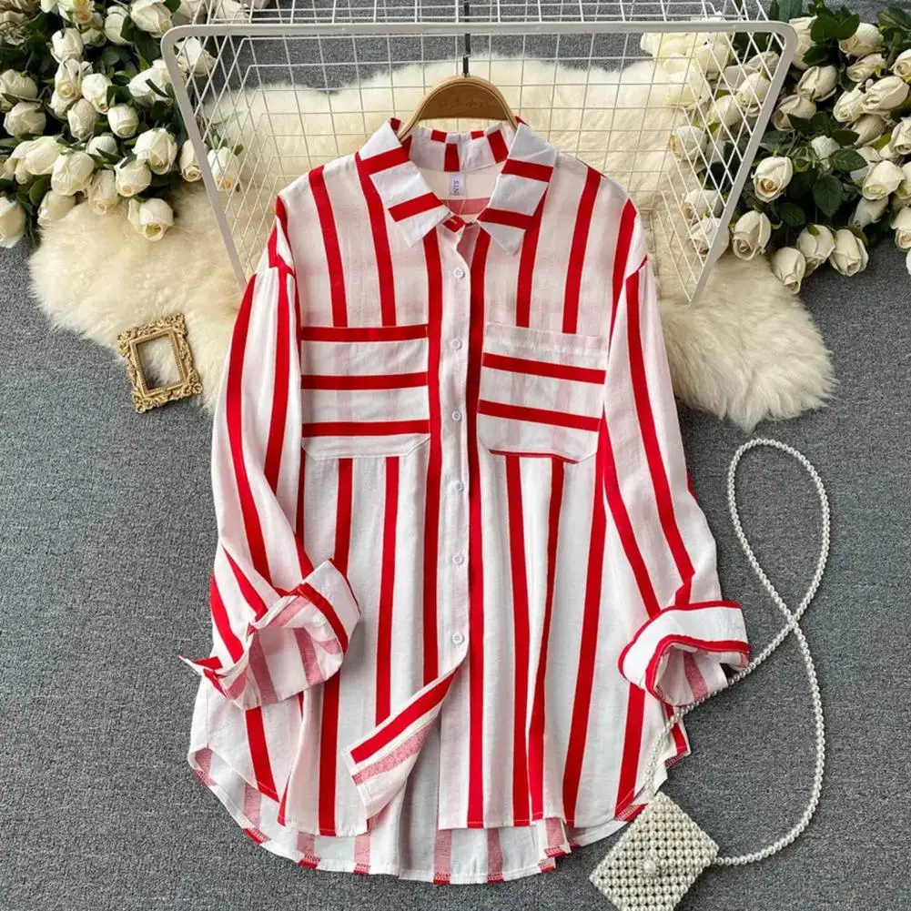 

Breathable Blouse Striped Print Cardigan Jacket Stylish Women's Fall Shirt Striped Print Loose Fit Lapel Collar for Soft