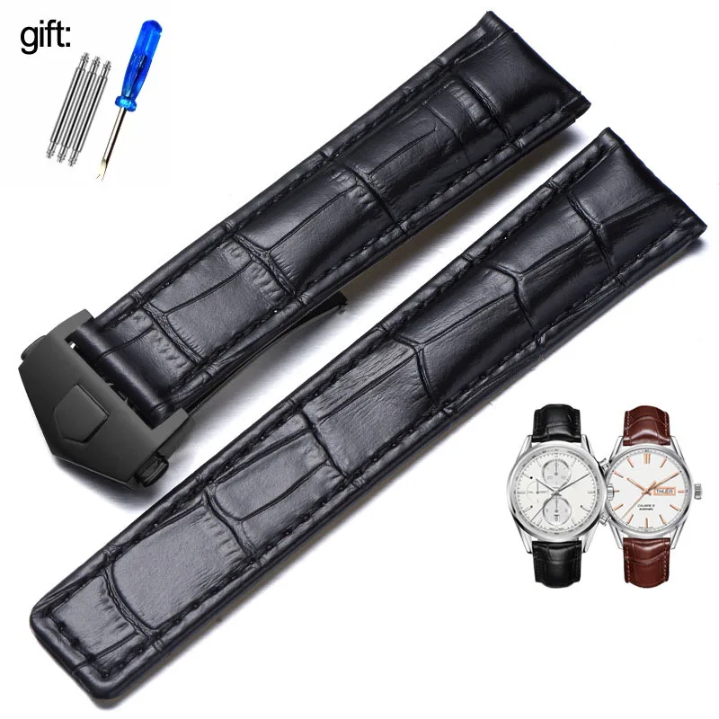 Elegant Genuine Leather Watch Strap - Black/Brown, 19mm-22mm