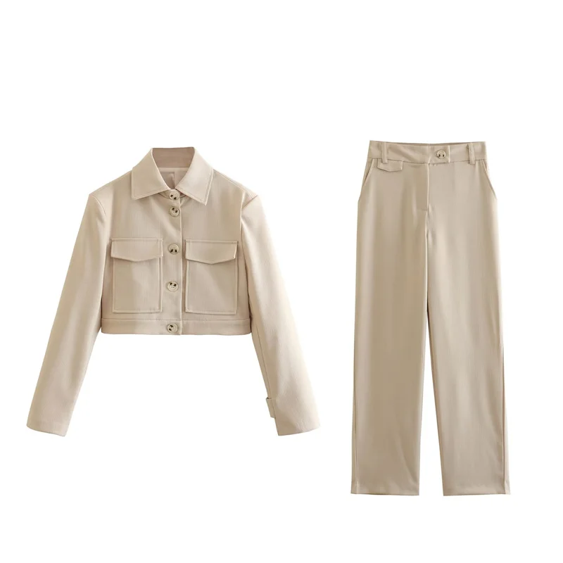 

Woman Fashion Camel Slim Short Blazer Suit 2023 Spring Female Solid Turn Down Collar Blazers Sets Ladies Crop Blazers Suits