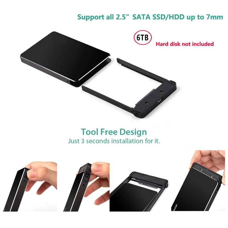 Aluminum Screwless USB-C to SATA External 2.5 inch HDD Enclosure SSD disk case for laptop/Mac/PC HDD Hard Disk Case