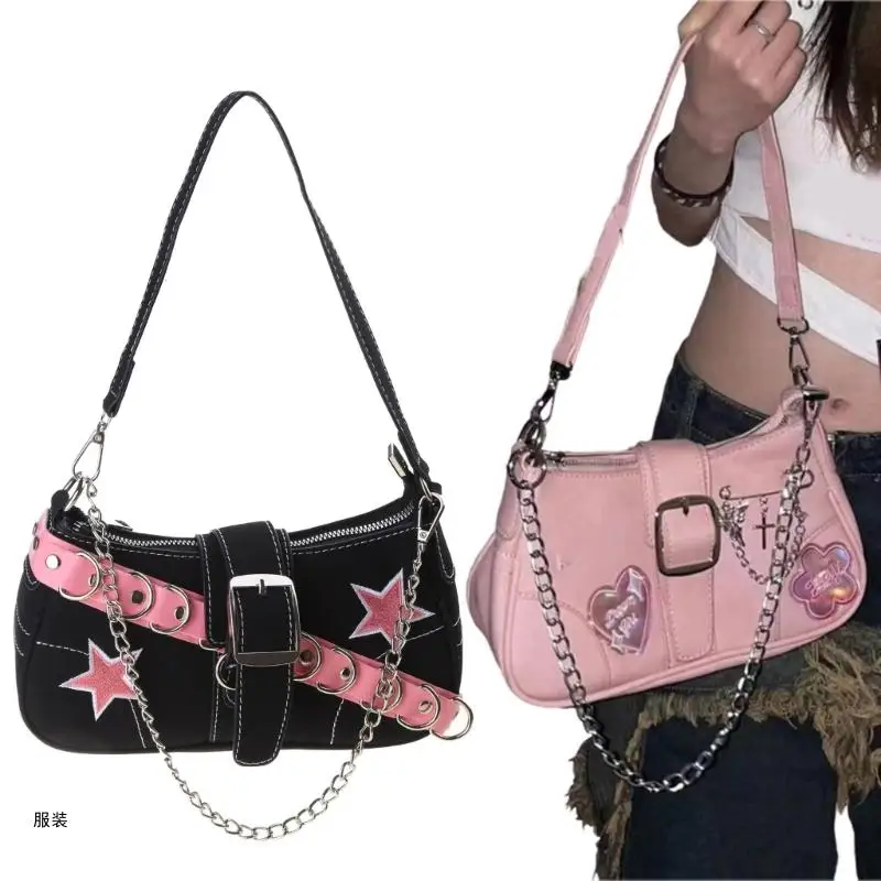 

D0UD Modern Pink Star Chain Shoulder Bag Harajuku Underarm Bag for Girls Women