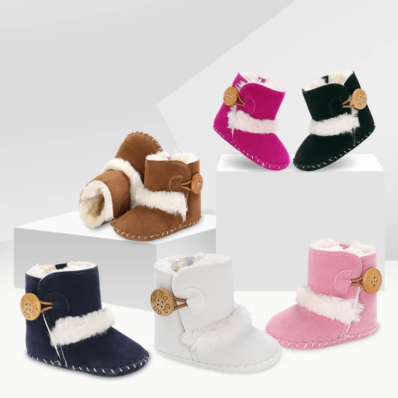 

2023 Autumn Winter Baby Boots, Infant Girls Boys Warm Fashion Solid Shoes with Fuzzy Balls First Walkers Kid Shoes 0-18M