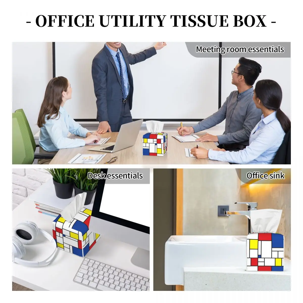 Custom Mondrian Minimalist Modern Art Tissue Box Cover PU Leather Square Color Art Plaid Facial Tissues Holder for Office 6