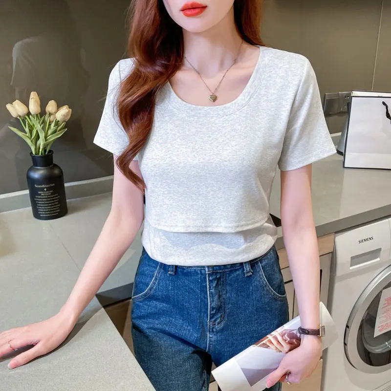 Maternity Nursing Tops Breastfeeding Solid Color Cotton T Shirts for Pregnant Women Summer Tees Short Sleeve Pregnancy T-shirts - 4