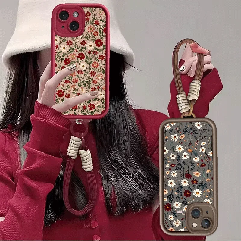 Retro Flower Lanyard Matte Soft TPU Phone Case