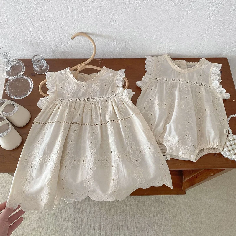 

2024 New Summer Korean Style Sister Clothing Kids Princess Dresses Sleeveless Cotton Lace Splicing Romper Baby Girl Party Dress