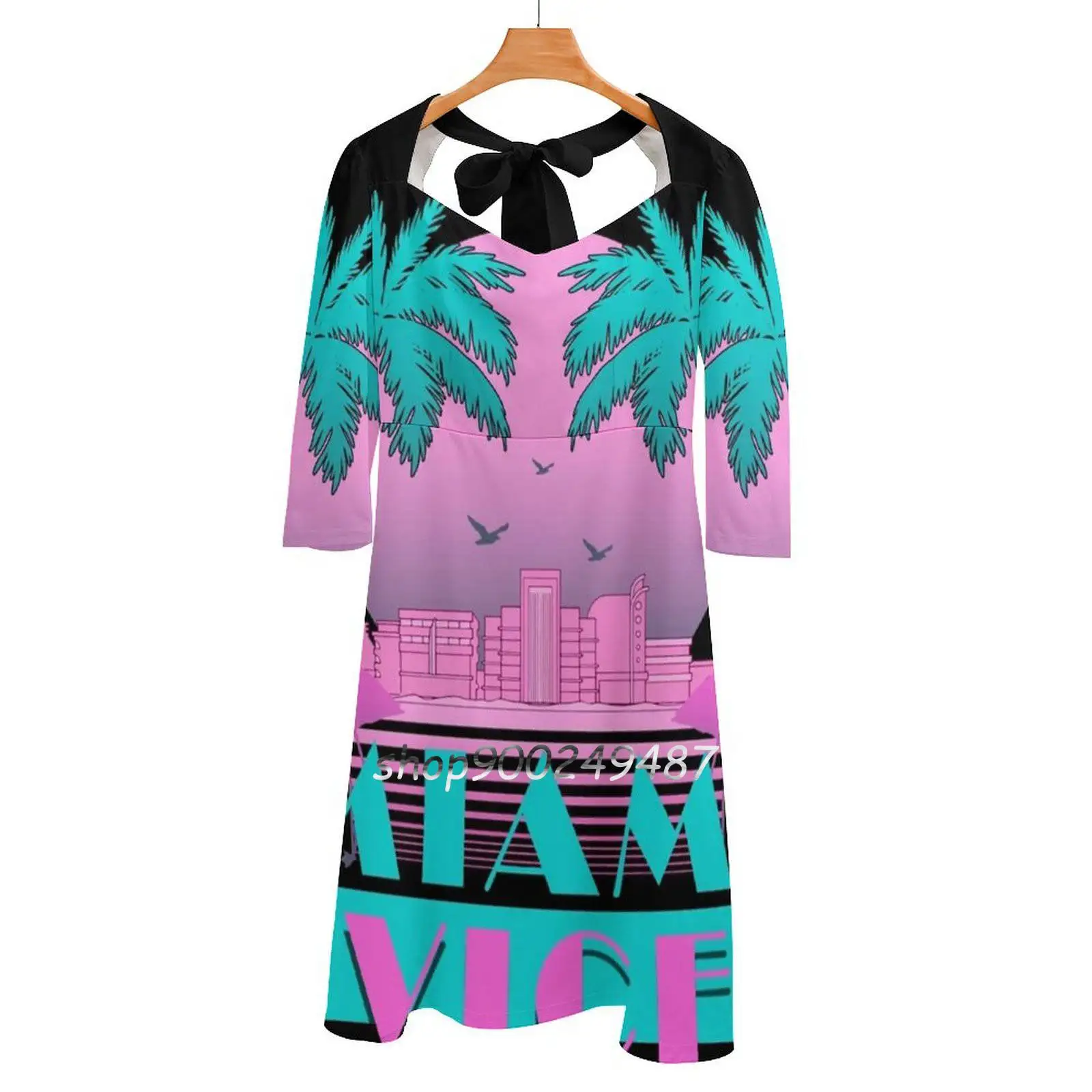 

Miami Vice-Retro 80S Design Flare Dress Square Neck Dress Elegant Female Fashion Printed Dress Miami Vice Don Johnson Tv Show